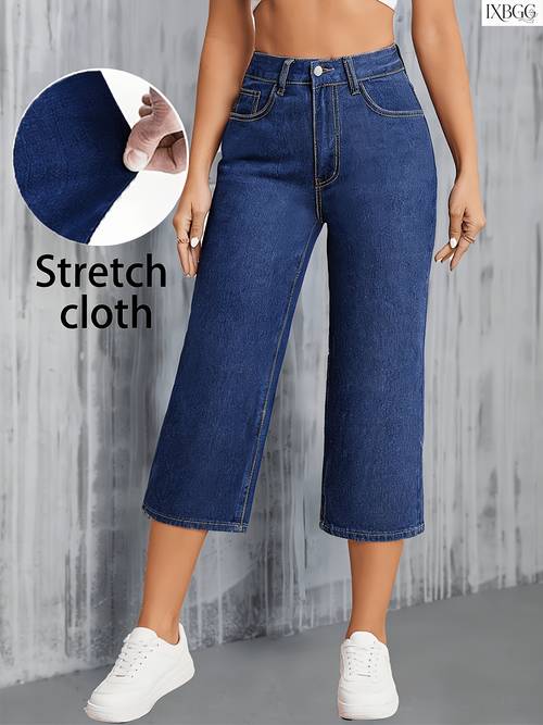 short en jean pour femme, taille haute, bleu, jambe droite, jambe large, du ventre, élégant, décontracté, extensible, pantalon taille haute, coupe , à cordon de serrage, pantalon capri en jean délavé bleu avec poches, vêtement élégant pour femme, short en jean extensible 7/8 pour femme