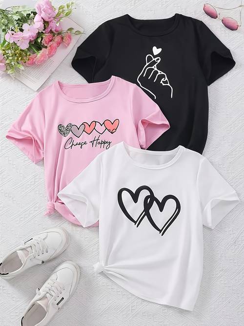 3pcs set girls t shirts to big kids summer short sleeve round neck tops girls outfit heart print fashion casual all match suitable for daily wear and outdoor activities