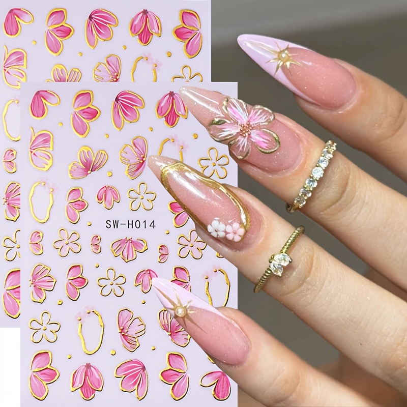 

2 Sheets Fantasy Floral Nail Art Stickers, Self-adhesive Pink With Glitter, Shimmery , Plastic Nail Decals For Diy Spring Nail Decor, Single Use Nail Embellishments For Women And Girls