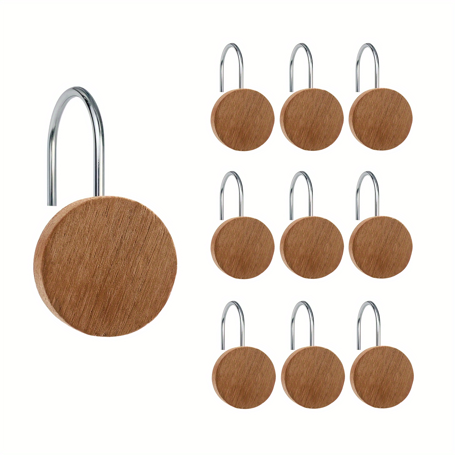 

12pcs Wood Grain Stainless Steel Shower Curtain Hooks, Rustic Round Decorative Bathroom Hangers, Strong Load-bearing & Rustproof With Handcraft Finish For Home & Bathroom Accessories