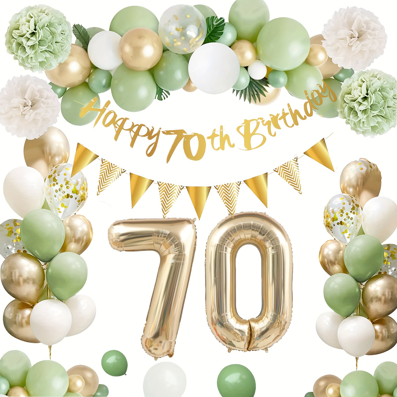 

63-piece 70th Birthday Party Kit - Sage Green & Gold With Banner, Garland, Number Balloons & Cake Topper - Perfect For Men & Women Celebrating Milestone Here's What's Included In The Party Pack: