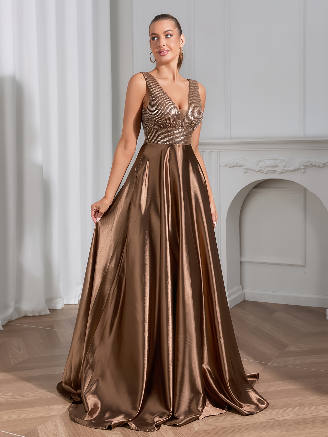 * New Women's Elegant Sequin Gown, Festive Holiday Occasion Party Dress,  V-Neck Vest with Sequin * Floor-Length Flared Train Wedding Dress,  Chocolate-Colored Vest with Sequin * Floor-Length Flared ...