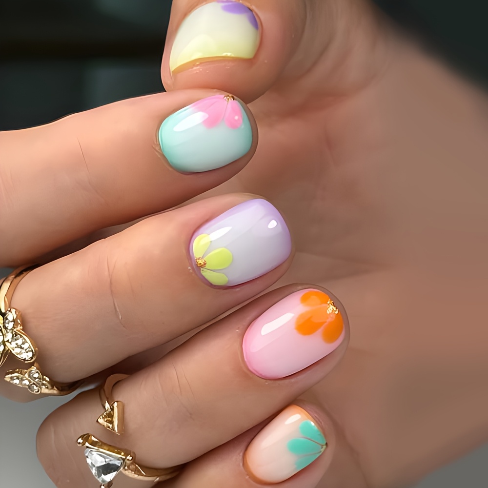 TEMU 24pcs Glossy Short Square Press On Nails - Reusable Artificial False Nails With Pastel, Color Scheme, Easy Application For Women, Quick Manicure Alternative, Durable Pressons