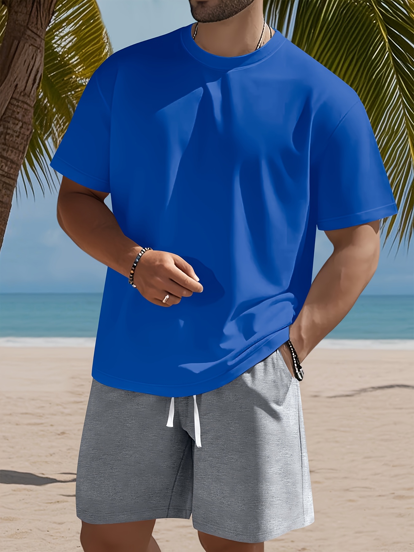 Men's Set, Solid Color Crew Neck Knit T-Shirt with Drawstring Cotton Shorts, Slightly Stretchy Fabric, Comfortable and Breathable, Perfect for Spring/Summer Outdoor Leisure and Sports, Keeps You Light and Carefree