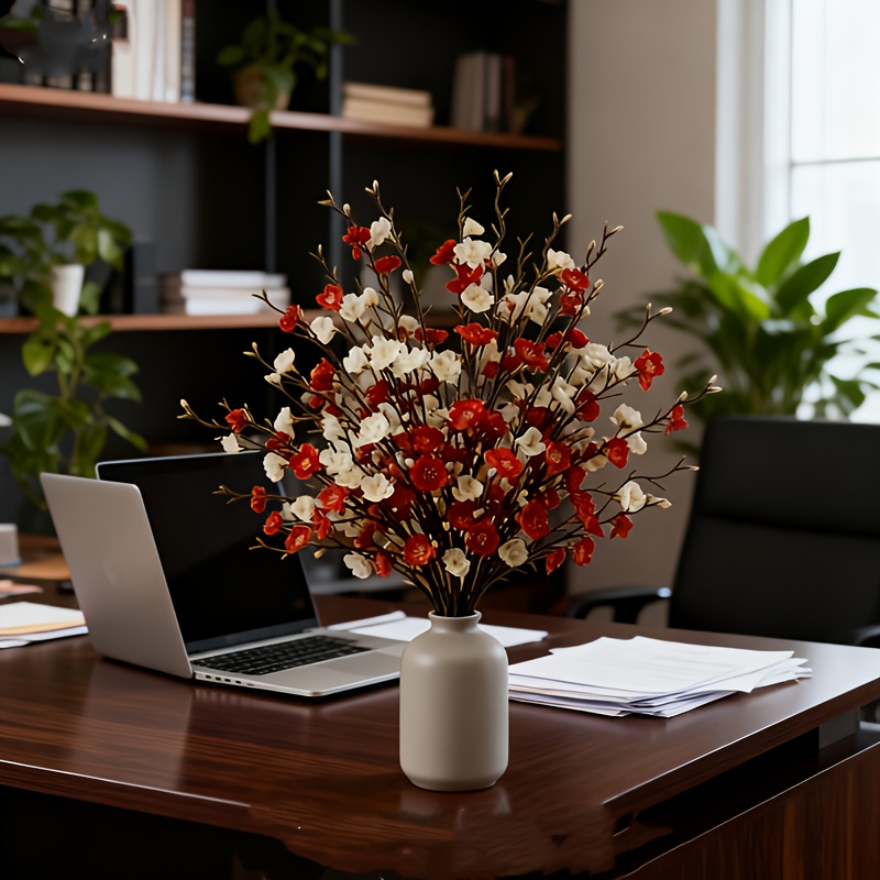 60 Flores de Ciruelo Artificiales en Rojo y Blanco, Empaquetadas en Sets de 6, Ideales para Decoración del Hogar, Salas de Estar, Oficinas, Bordes de Ventanas, Jardines, Arreglos Florales de Hotel, Centros de Mesa de Boda, Manualidades para Fiestas de Compromiso, Regalos de Cumpleaños