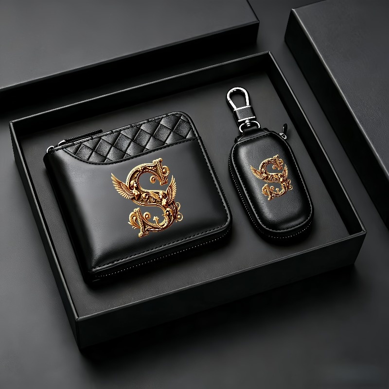 TEMU 2026 New 2pcs High-end Men' Premium Wallet With 26 A–z Initials – Featuring A Car Key Pouch – Black Crocodile-textured Synthetic, Multiple Card