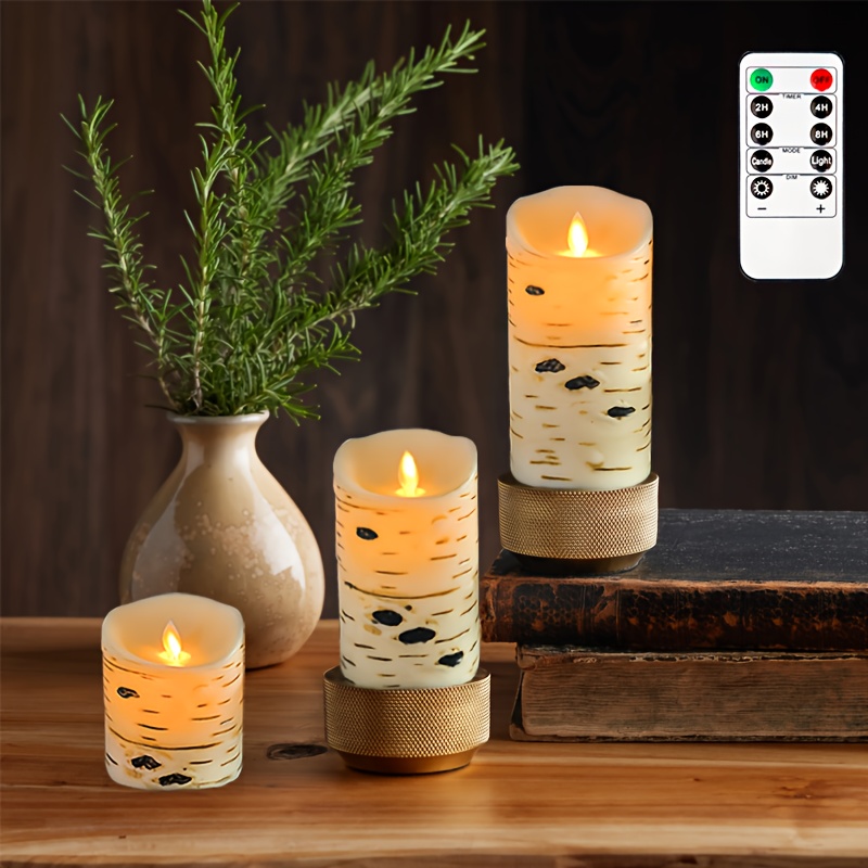 Velas LED sin llama, efecto corteza de abedul, juego de 2 velas LED (3.25  pulgadas de profundidad x 6 pulgadas de alto), velas de pilar de cera real