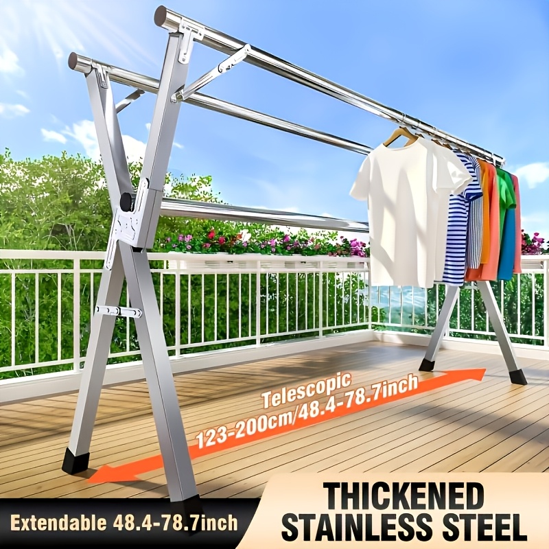 TEMU 200-240cm Folding Clothes Rack Indoor And Outdoor Stainless Steel Folding Clothes Rack Laundry Heavy-duty Folding Clothes Rack, Heavy-duty