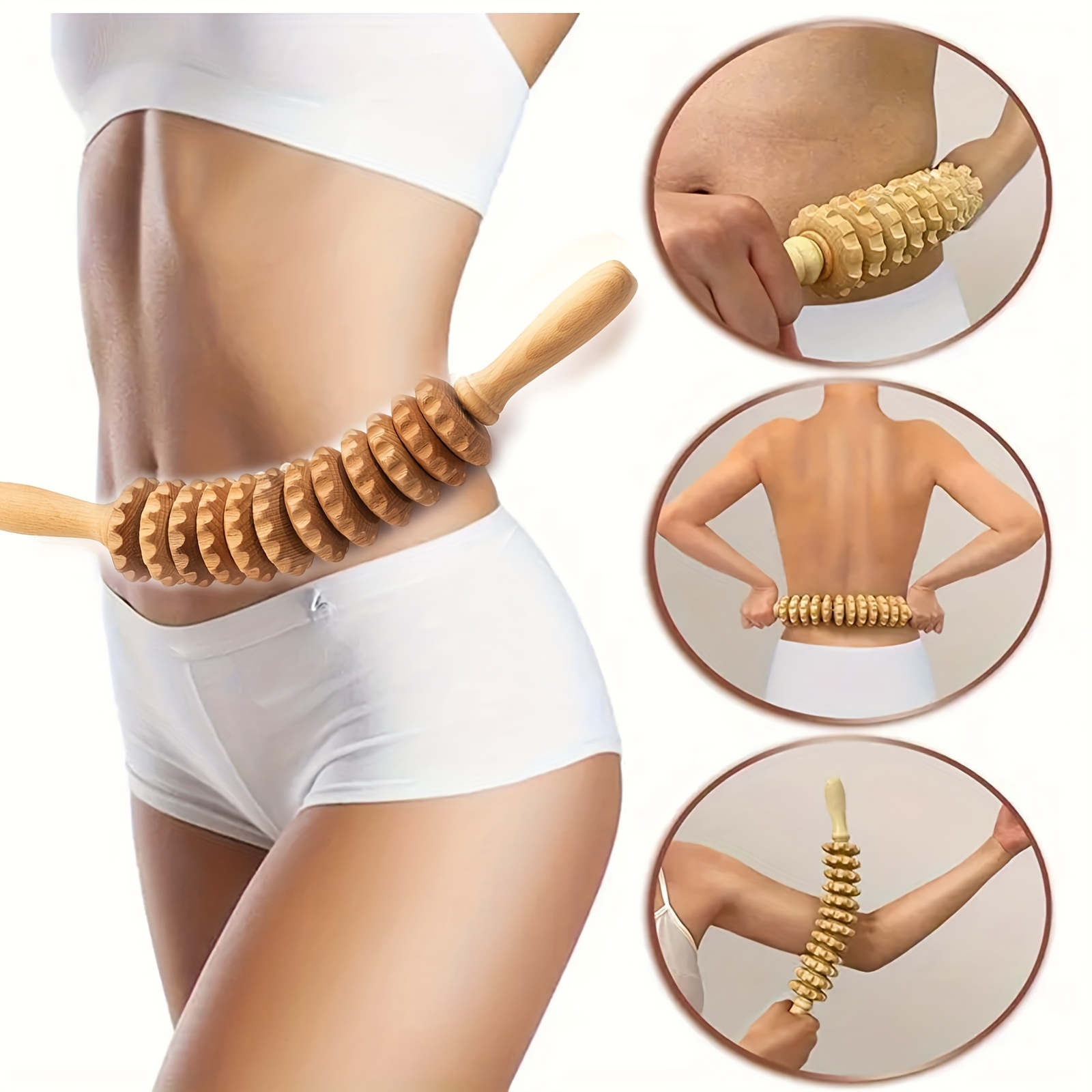 Natural Wood Massage Roller Stick - Deep Tissue Massage Tool with Non-Toxic Surface, Ergonomic Grip for Trigger Point, Fascia Release, Muscle - Ideal for Home, Gym, Spa, Physical - Promotes Blood Circulation & Relaxation, Massage Supplies, Curved Handle, Natural Material
