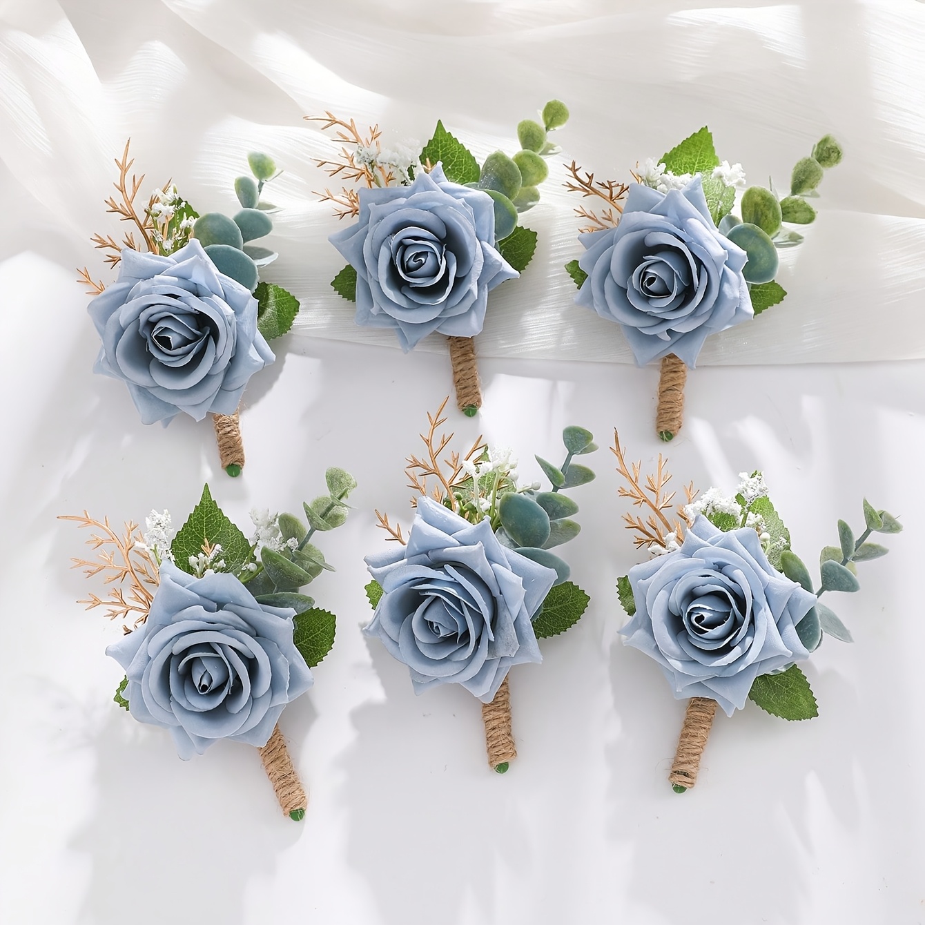 TEMU 1pc/6pcs Style Misty Rose Artificial Corsage, With Eucalyptus Leaves, Scattered White 's Breath And Dried Branches, Fresh Atmosphere, Wedding