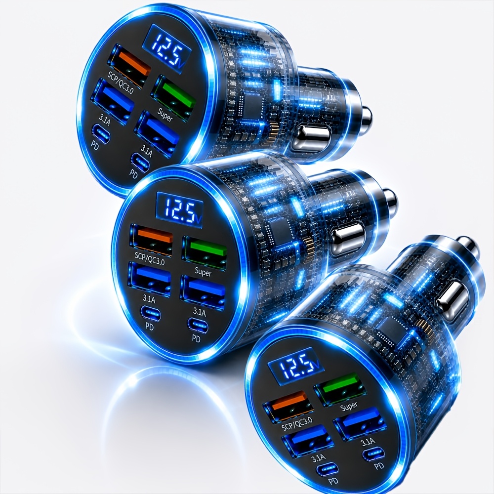 Temu – TEMU 3pcs Fast Car Charger Charge 5 Devices , Smart Voltage Display, Safe & Stable Usb Adapter For All Vehicles