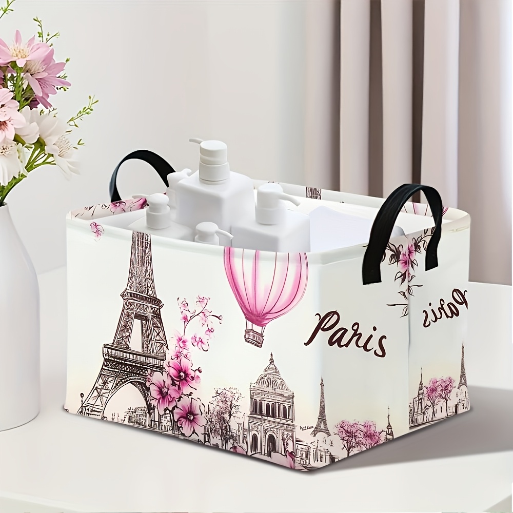 TEMU 1pc Tower Bike-themed Storage Basket - Large Foldable French Organizer Suitable For Clothes,, Books, Shelf Basket With Eiffel Tower, Sturdy