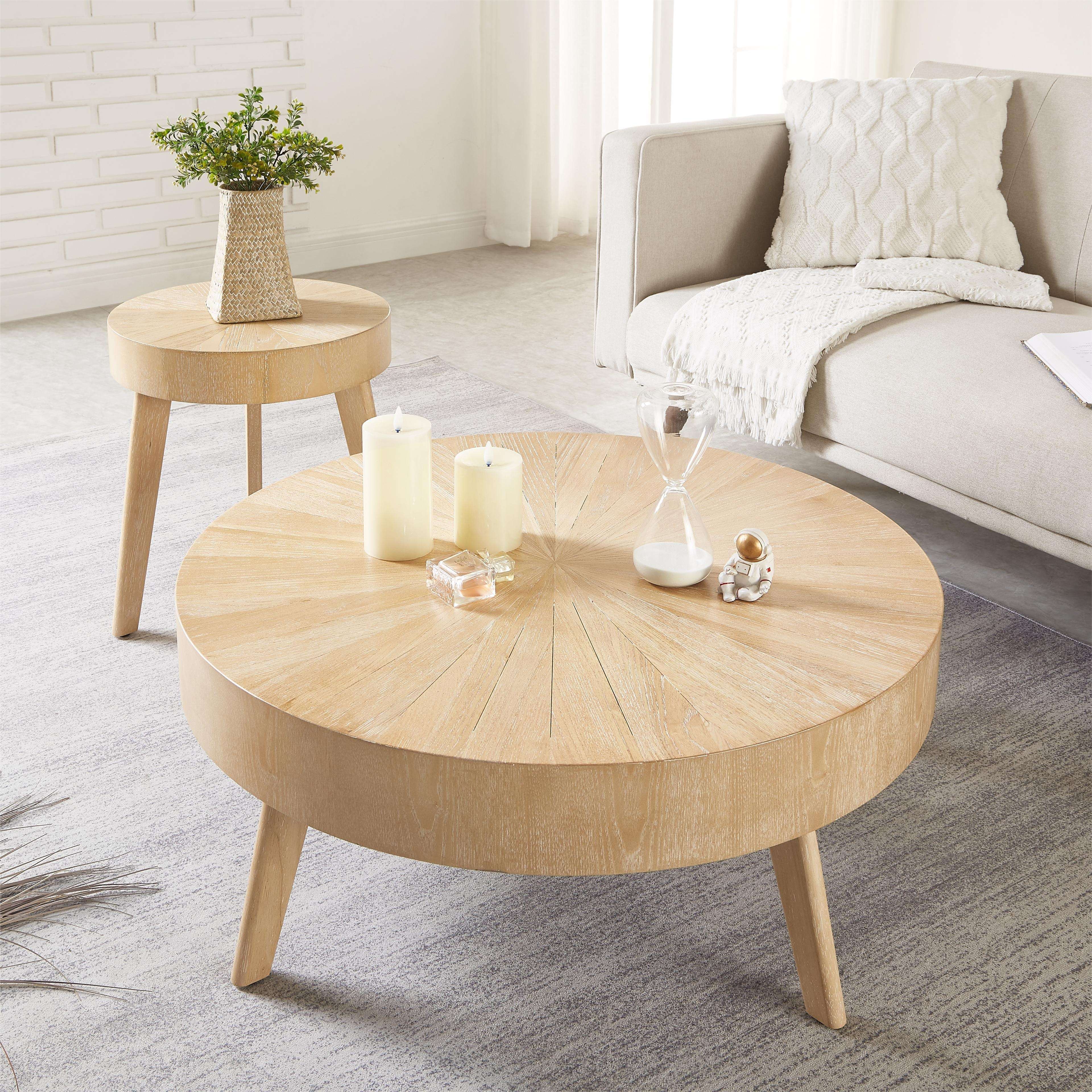 pieces solid wood coffee table set living room round Temu