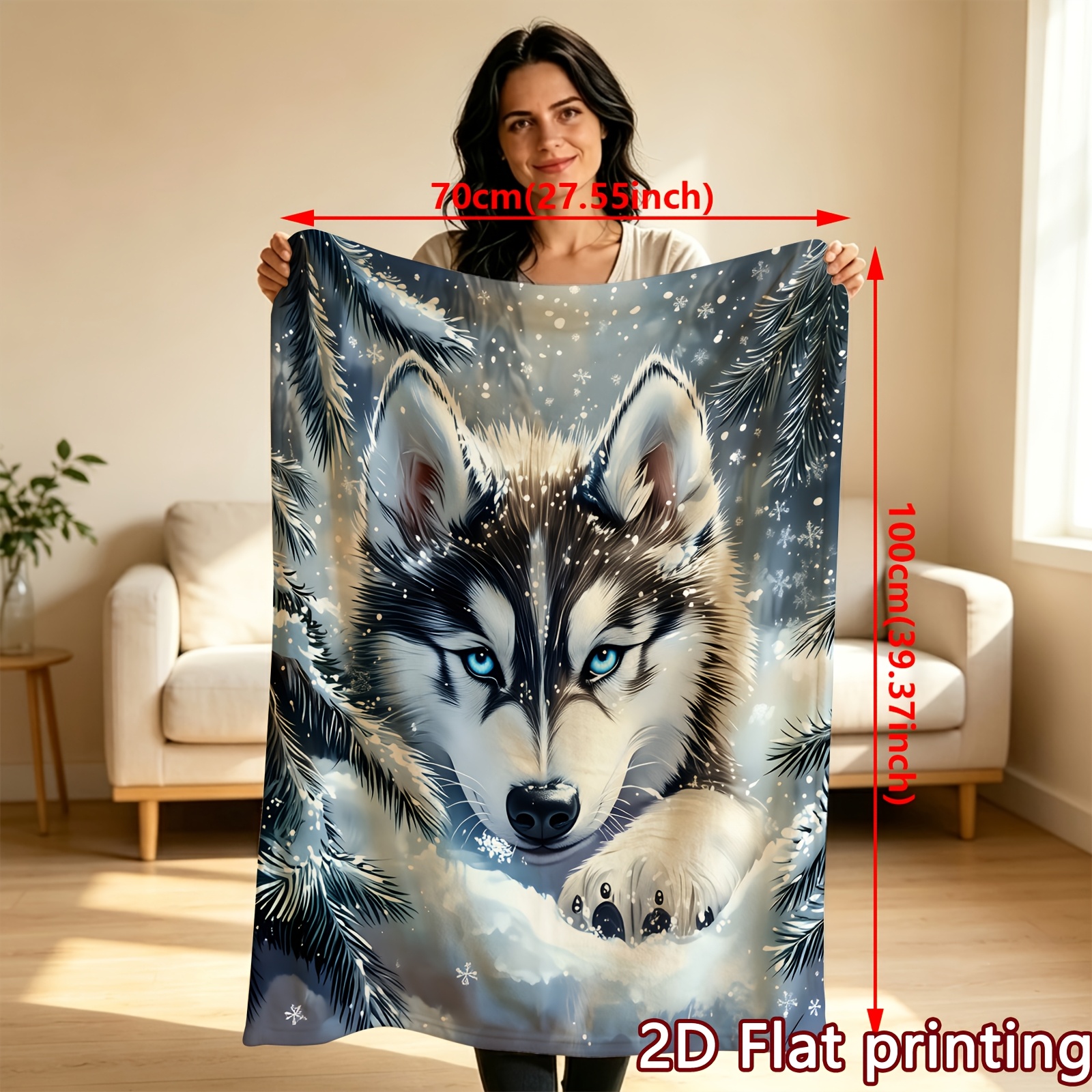 TEMU Nordic Winter Wolf Fleece Blanket - Soft Warm Throw With Snowy Wolf And Puppy Design, Machine Washable Flannel Bedspread For Home, Office,