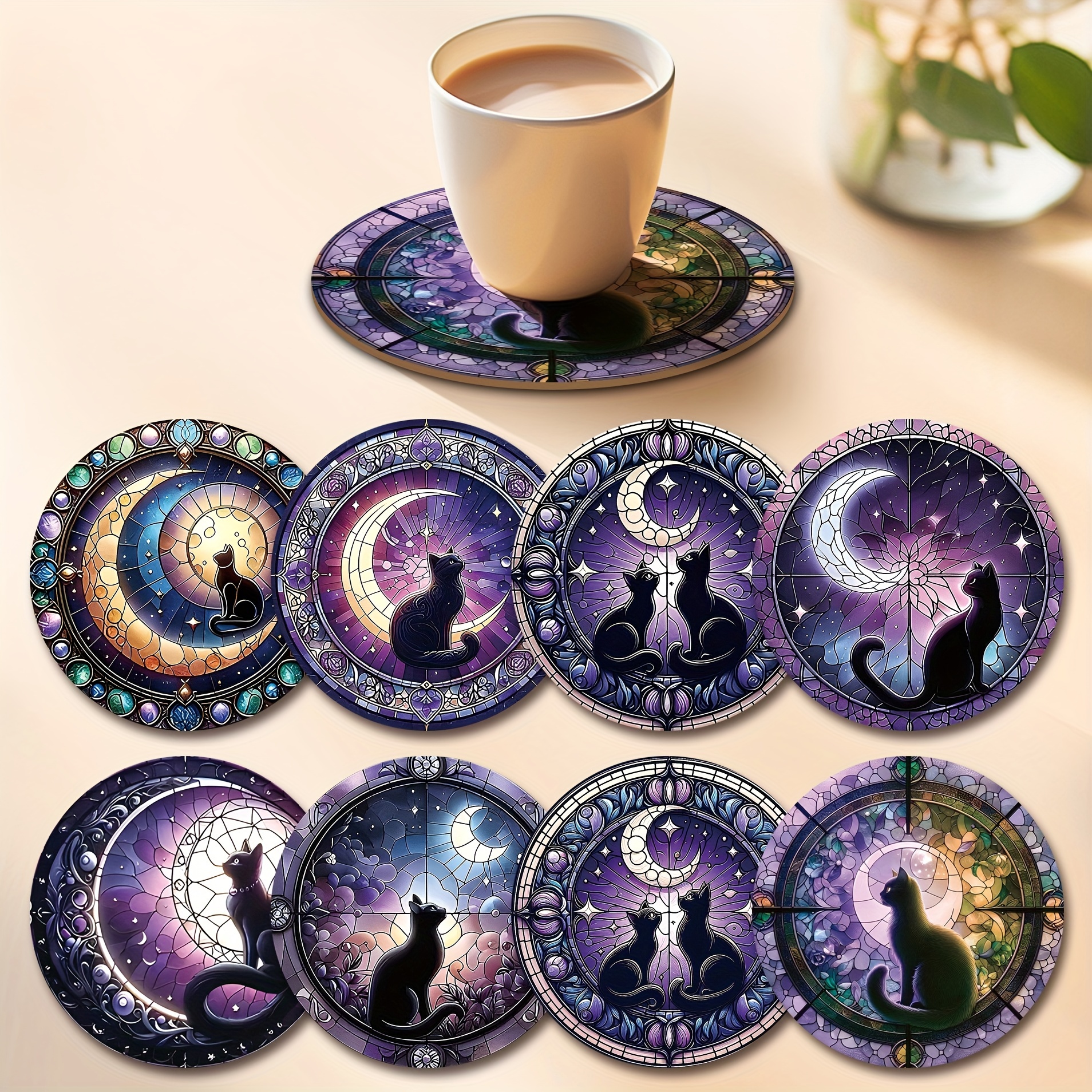 

8pcs Moon & Cat Series Wooden Coasters Set - Heat Resistant, Drinks, Coffee, Office, Kitchen & Dining Decor | Vibrant Design, Ideal For Home & Restaurant Use, Great Holiday Gift (3.93x3.93 Inches)