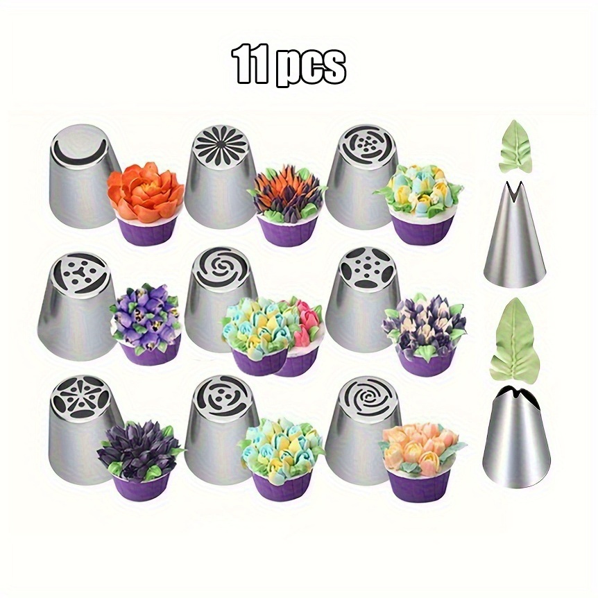 E-shop 11-teiliges komplettes Edelstahl-Spritztüllen-Set in verschiedenen Stilen, Ein--Formung, DIY-Kuchen-Dekorations-Spritztüllen für Blumen Blätter