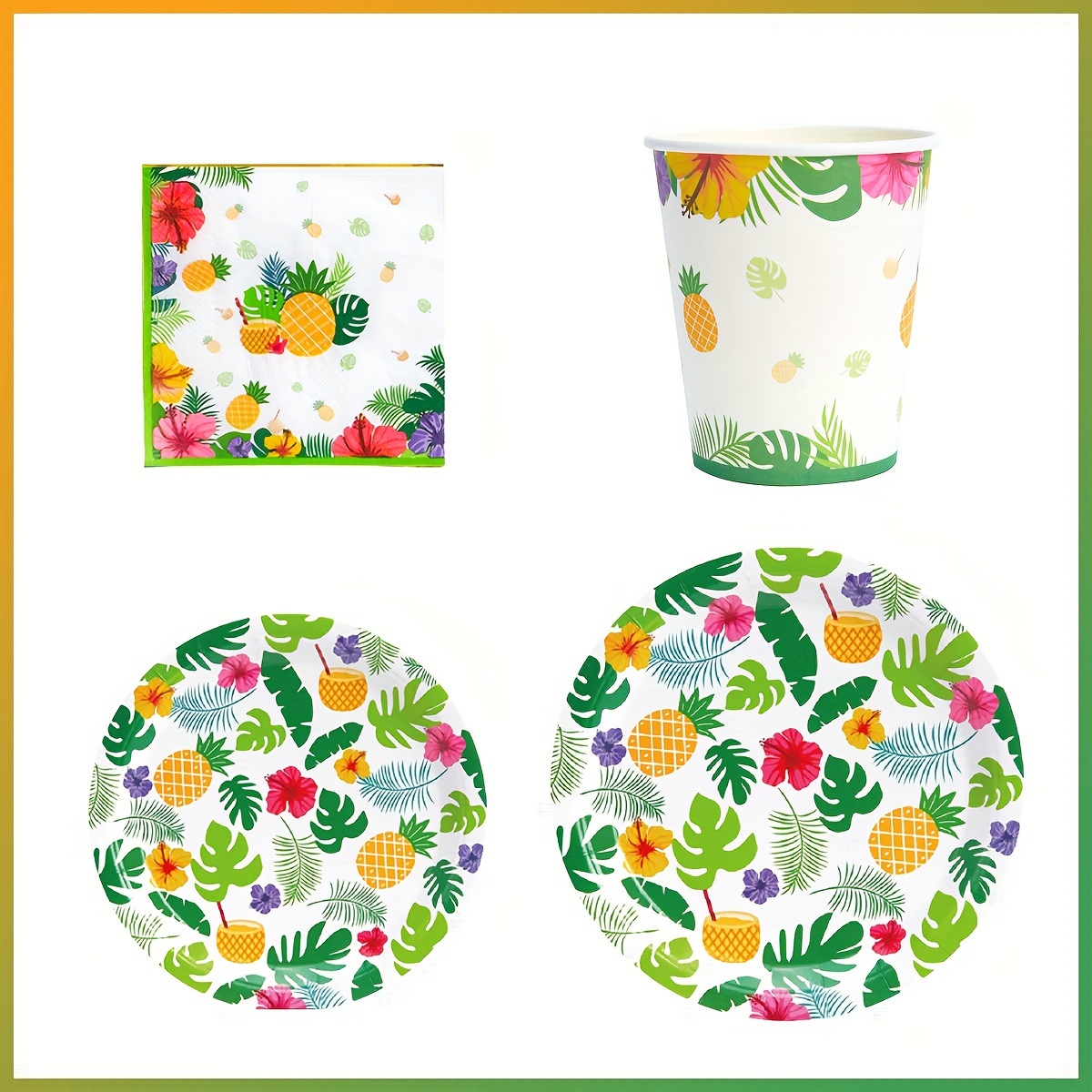

Tropical Pineapple Party Piece - Hawaiian Luau Disposable Plates, Napkins & Cups Set For Beach Parties