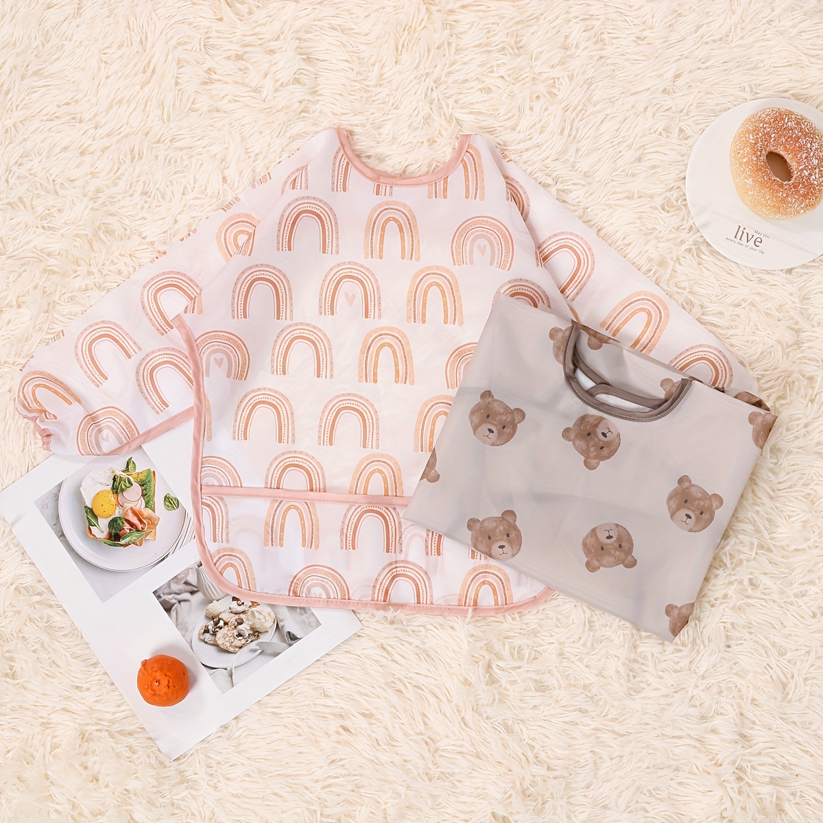 1pc Long Sleeve Feeding Bibs for 0-3 Years Old - Washable Polyester Burp Cloth with Vibrant Orange & White Pattern, Easy Hook & Loop Closure, Perfect for Messy Meals, Mess-Free Eating | Playful Design | Durable Fabric, Bibs for Little Ones