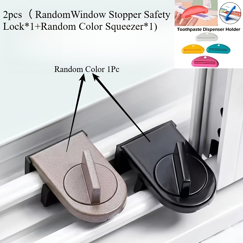 TEMU 2pcs (random Window Stopper Safety Lock X 1 And Random Color Plastic Toothpaste Tube Squeezer X 1) Suitable For Sliding Doors And Windows -