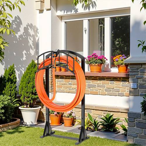 heavy duty freestanding garden hose holder metal water hose storage rack with adjustable hooks for outdoor lawn yard red hose included