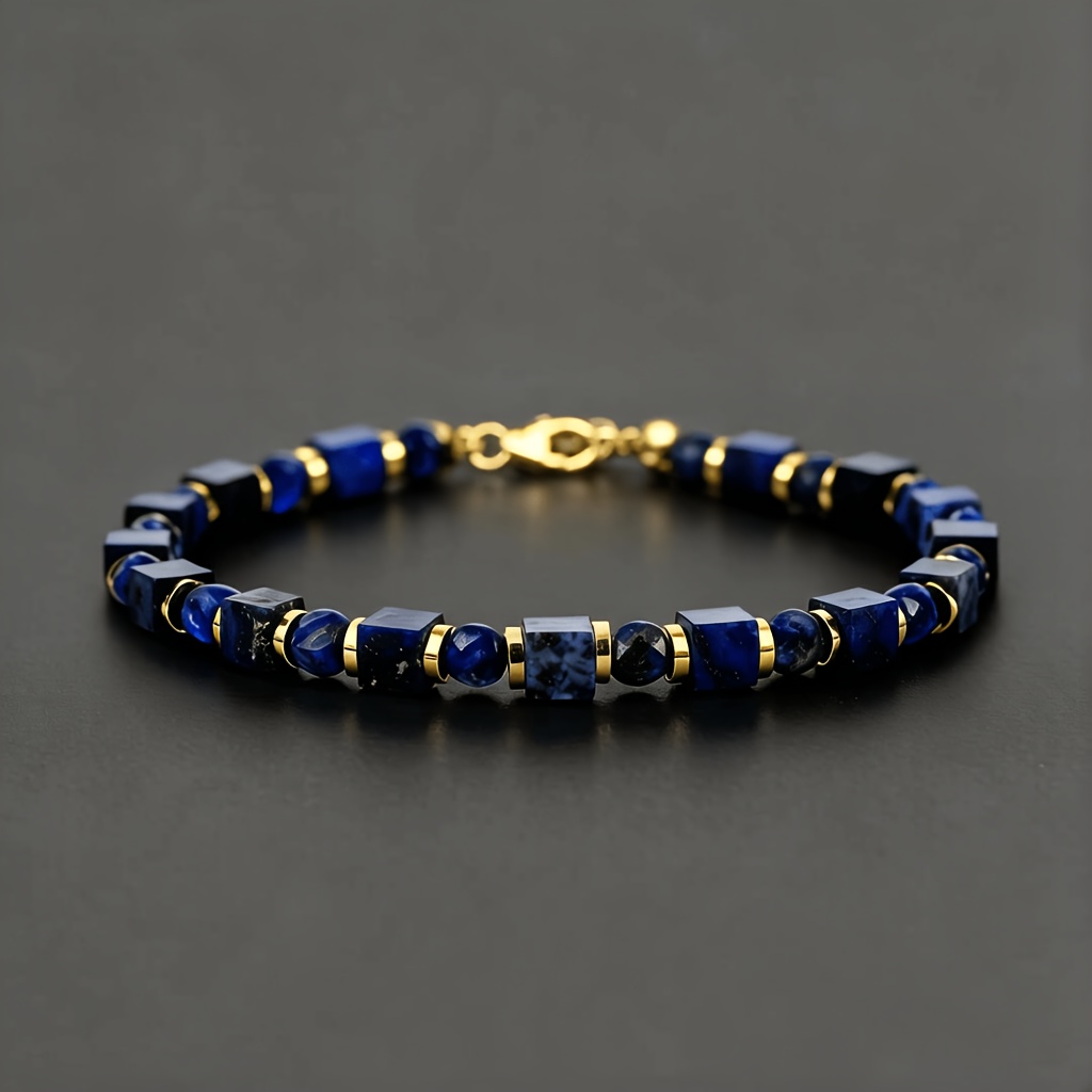 Image of Men's Bracelet With Beads, This Men's Beaded Bracelet Features Premium , Combining Cube Beads And Round Beads For A Sleek, Masculine Look. Minimalist Unisex Natural Stone Bracelet