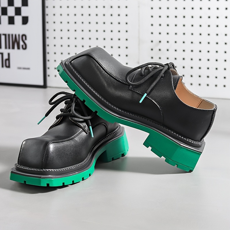 [Trendy Japanese Men's Shoes] Trendy Japanese High-end Popular Men's Shoes | Small Square Head Thick Sole Green Derby Casual Heightening Ins