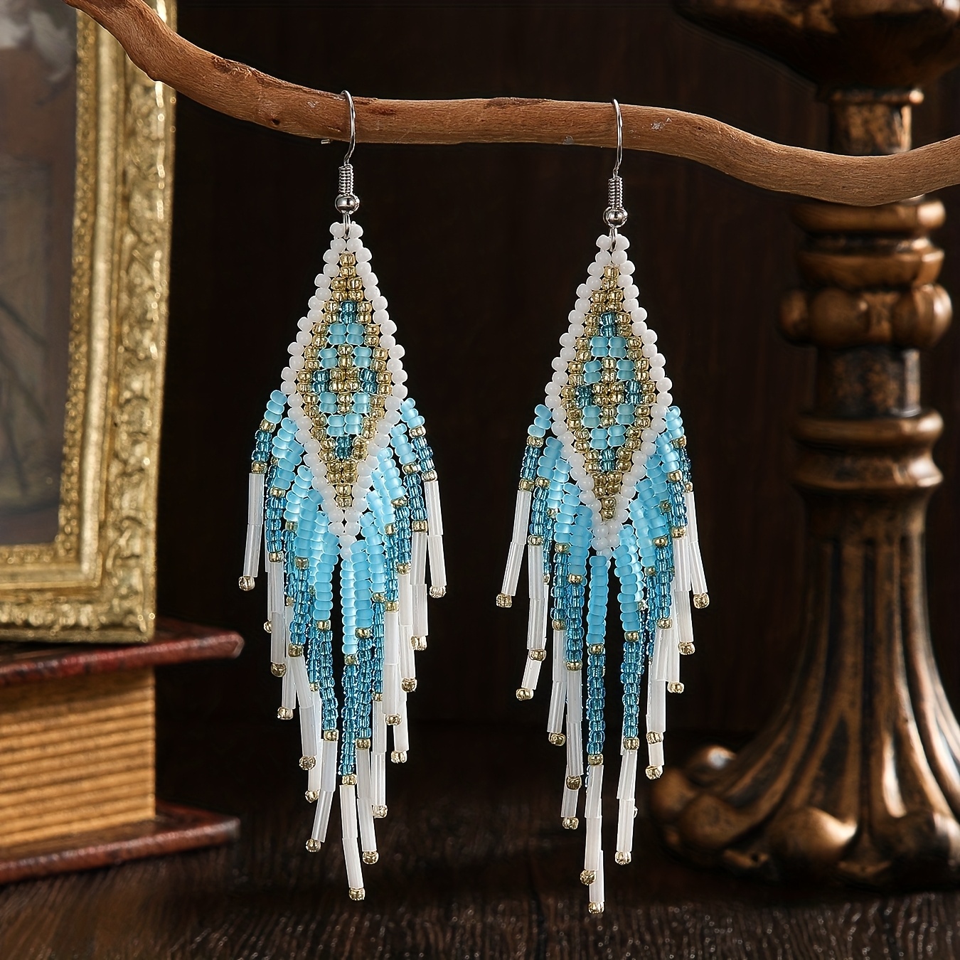 TEMU Boucles d'Oreilles Bohémiennes Faites à avec Perles | Dégradé Bleu - Blanc avec Pompon | Bijoux pour les Festivals des &