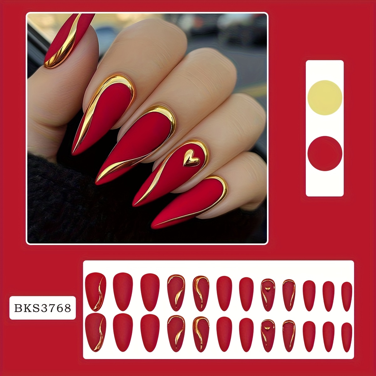 Image of 24pcs Red Matte Almond Press-on Nails With Golden Accents & 3d Heart Detail | Perfect For Valentine's Day & Party Looks, Easy To Apply &, Abs Material