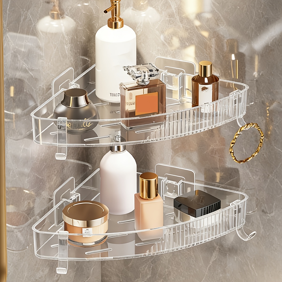 TEMU 1/2pcs Adhesive Corner Shower Caddy Wall-mounted No Drill Plastic Shelf With Hooks - Rustproof Bathroom Organizer Suitable For Shampoo,