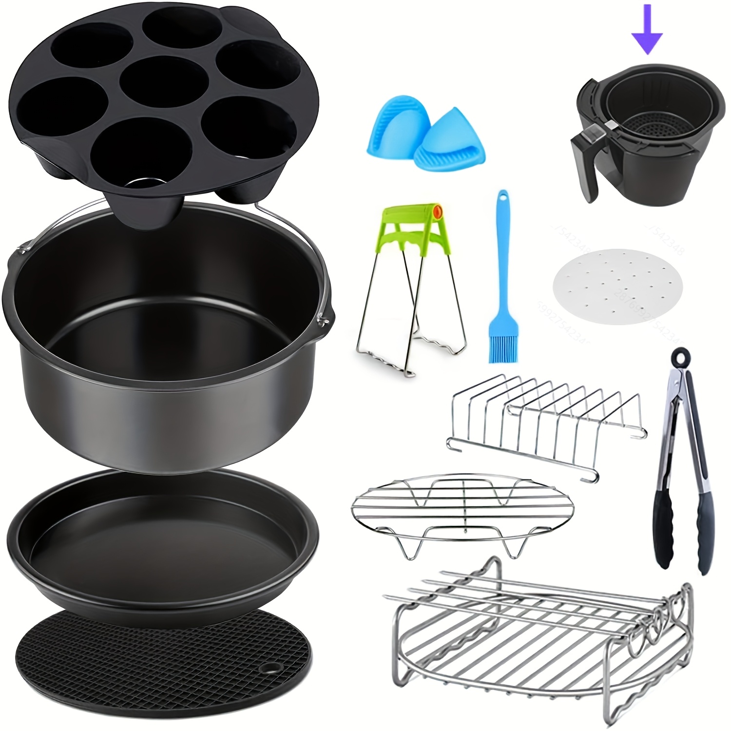 set of 12 air fryer additions measuring 8 inches compatible with air fryers from 5 3 to 5 8 gallons featuring a baking tray pizza tray cake bucket non stick pan and dishwasher safe items