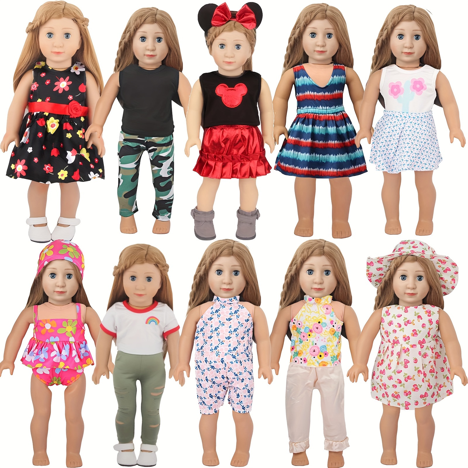 

19 Pcs Doll Clothes Accessories For 18 Inch Dolls, 10 Complete Doll Clothing Sets, Set, Doll Bathrobe, Doll Dress With Flamingo, Cute Doll Costumes For 18 Inch American Dolls