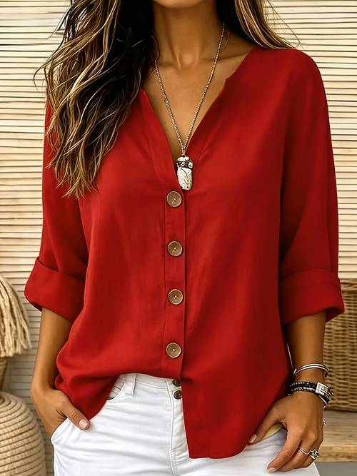 solid color shirt round neck button up loose fit casual wear spring summer womens shirt