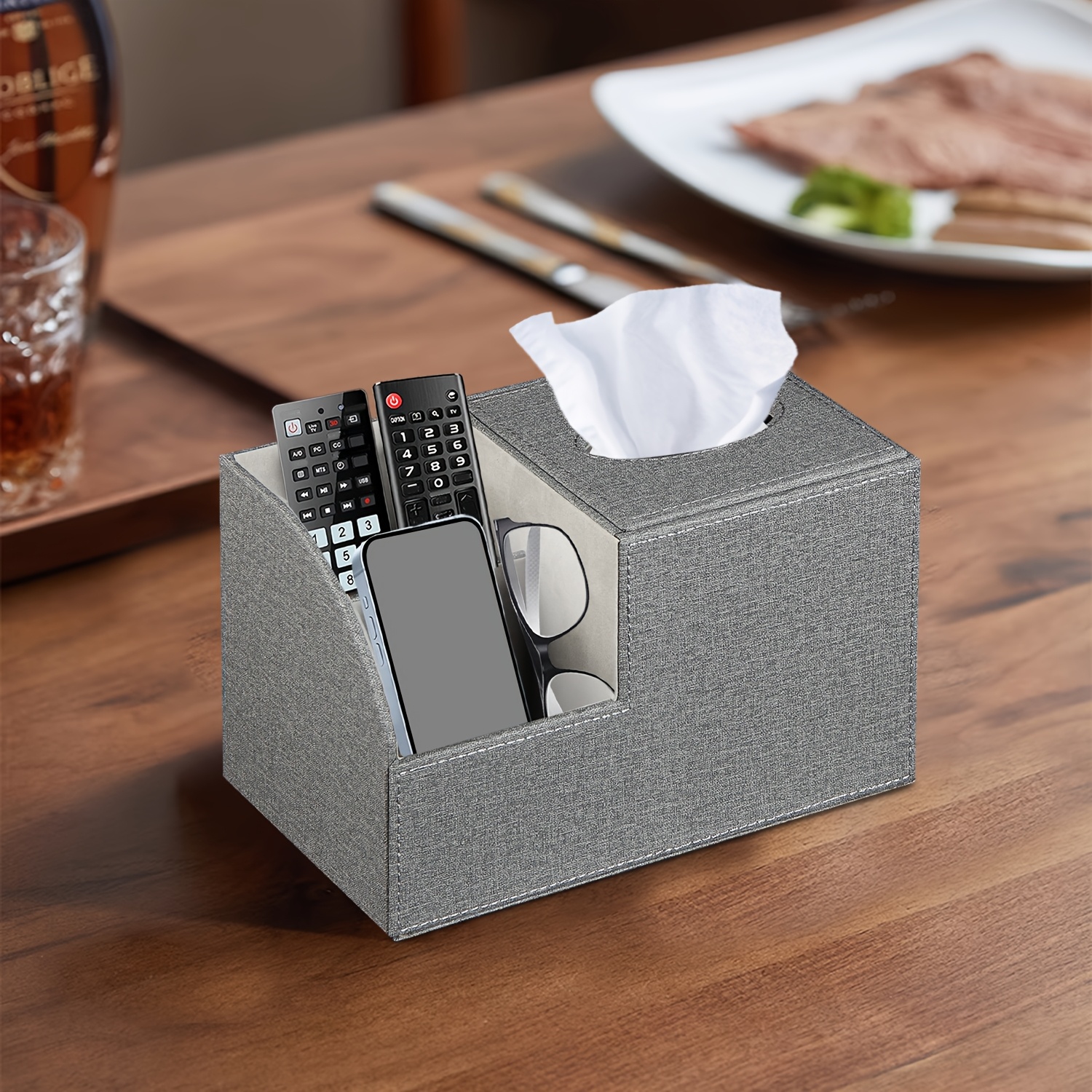 multifunctional square tissue box cover with remote control holder   leather decorative napkin tissue box holder remote caddy cube desktop organizer storage box for vanity toilet office bedroom living room and bathroom decorative accessory Product details 6
