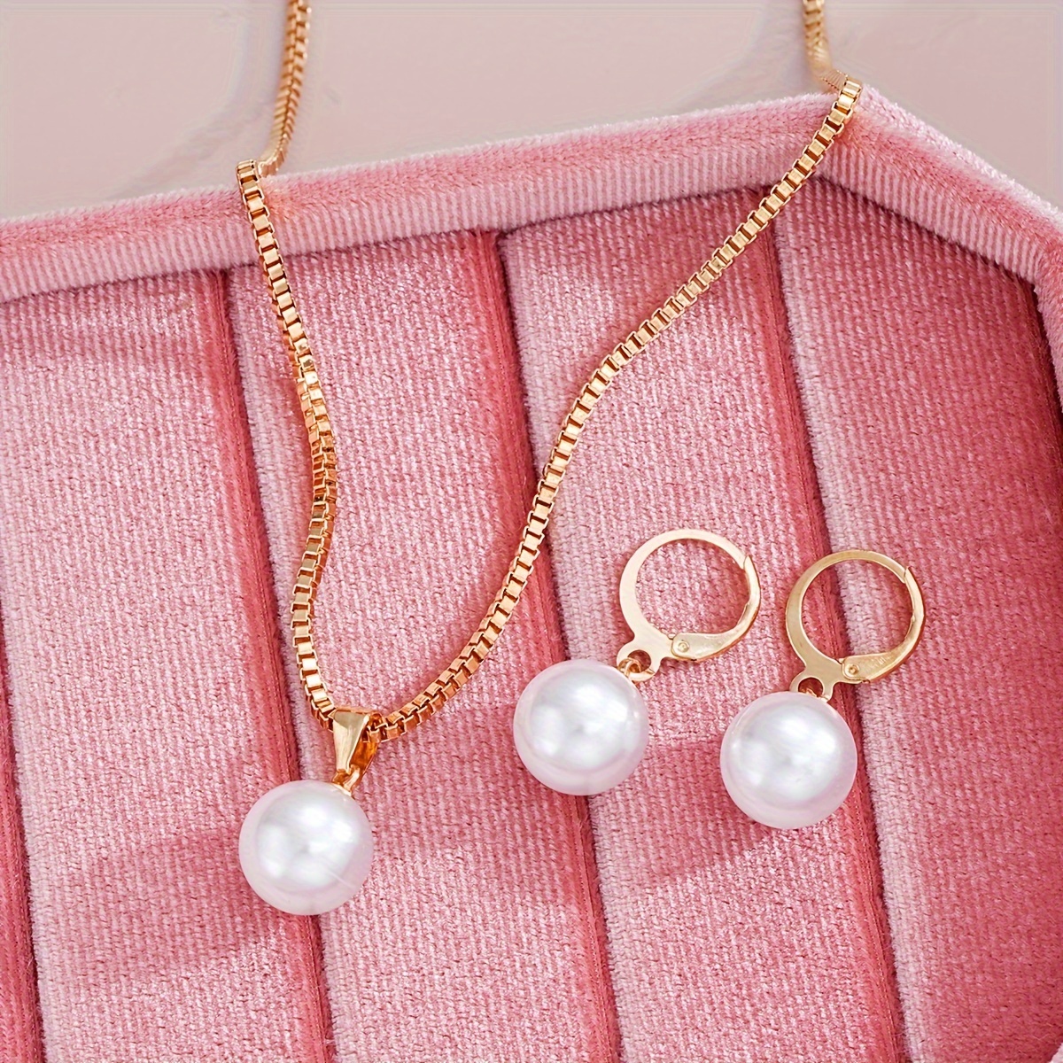 Conjunto de joias femininas de 3 peças em estilo simples japonês e coreano, com brincos de gota de pérola em círculo e colar, acessórios de cobre com pérolas de imitação para uso diário e férias - Sem banho de metal detalhes 2