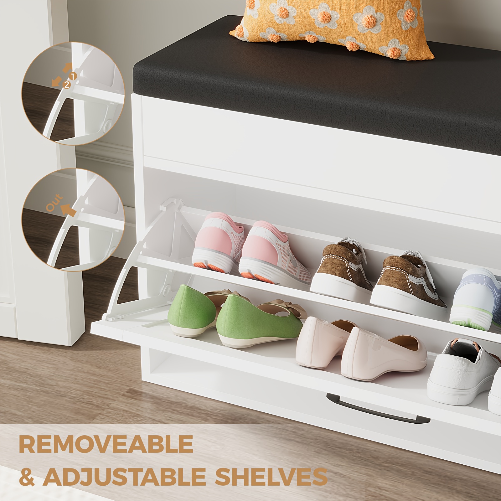 47 freestanding shoe storage bench with hidden compartment open shelves soft   leather seat white   saving design for entryway hallway or living room shoe rack 6