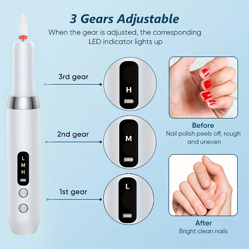 convenient and rechargeable cordless electric 3 level adjustment with drill and sanding belt manicure and pedicure kit for grinding polishing trimming acrylic gel nails details 5
