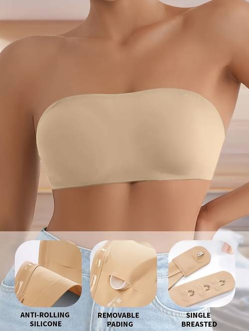 1pc womens strapless detachable padding seamless bandeau bra anti slip casual comfortable bandeau with wire free support underwear