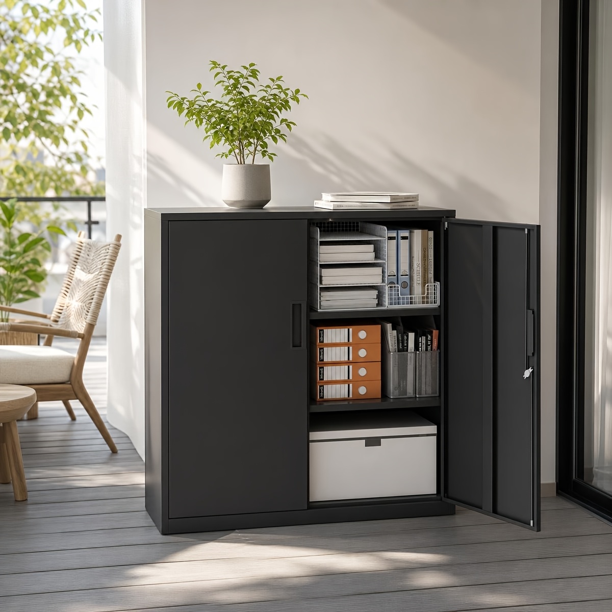 Lockable Metal Cabinet With 2 Doors, Adjustable Shelves, And File Cabinet For Office, Workshop, And Garage, And Black