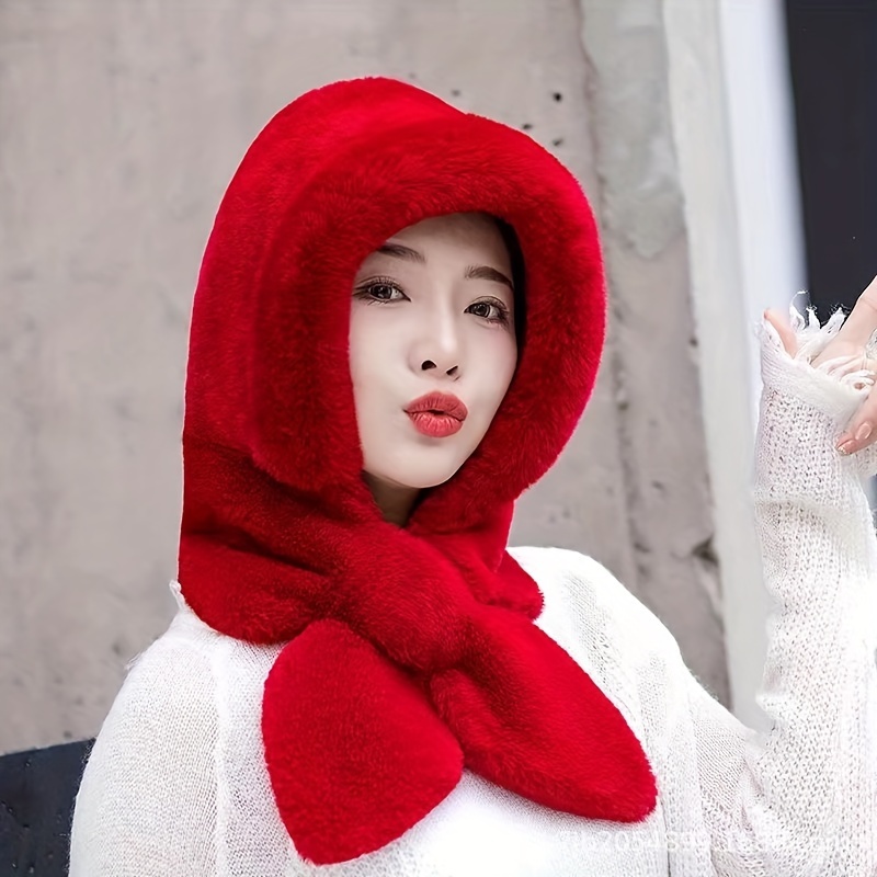 

Women's Winter Faux Fur Hat Thick Warm Plush Ear-protector Riding Cap Solid Color With Scarf Buckle Closure Hand-wash Knit Fabric For Cold Weather Occasions