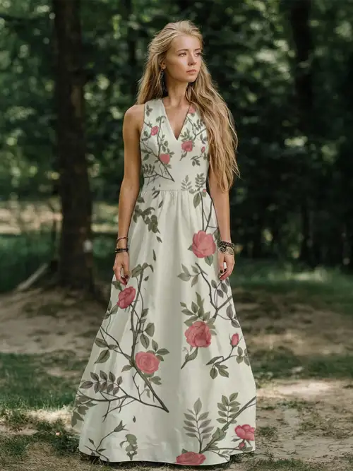 boho maxi dress for wedding guest Womens Floral Dresses Vintage Long Sleeve Crew Neck A Line Pleated Swing Flowy Dress Black at Amazon Women's Clothing store back detail while allowing for a customizable fit Watercolor Chiffon Maxi Dress Flowy