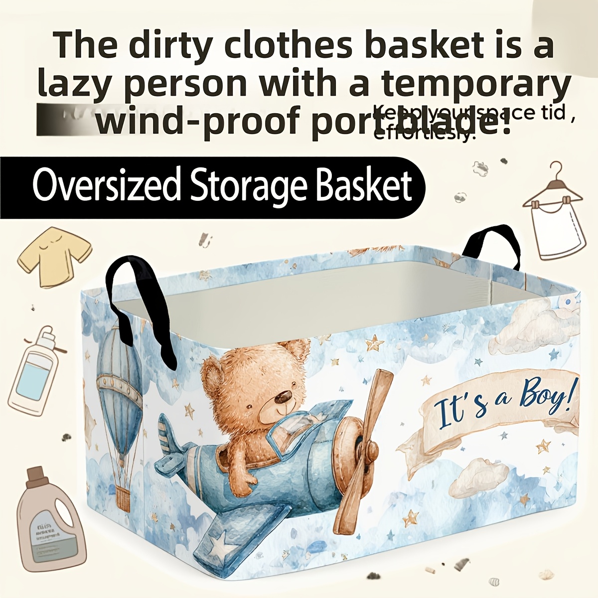 TEMU 1pc Oversized Foldable Retro Cartoon Bear Airplane Storage Basket - Portable Suitable For Room,, Playroom Organizer, Decorative Bin With