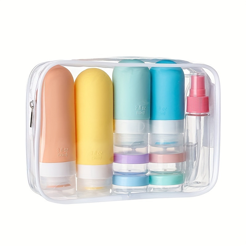

17pcs Silicone Travel Bottle Set With Clear Toiletry Bag, Includes 4 Bottles, 4 Cream Jars, 2 Spray Bottles, 2 Scoops, Funnel, Dropper, Cleaning Brush & Labels, For Shampoo, Shower & Cosmetics