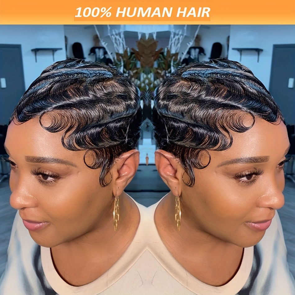 

Chic 4-inch Cut Wig With Bangs - Elegant Finger Wave Layered, Glueless Human Hair, & Cosplay