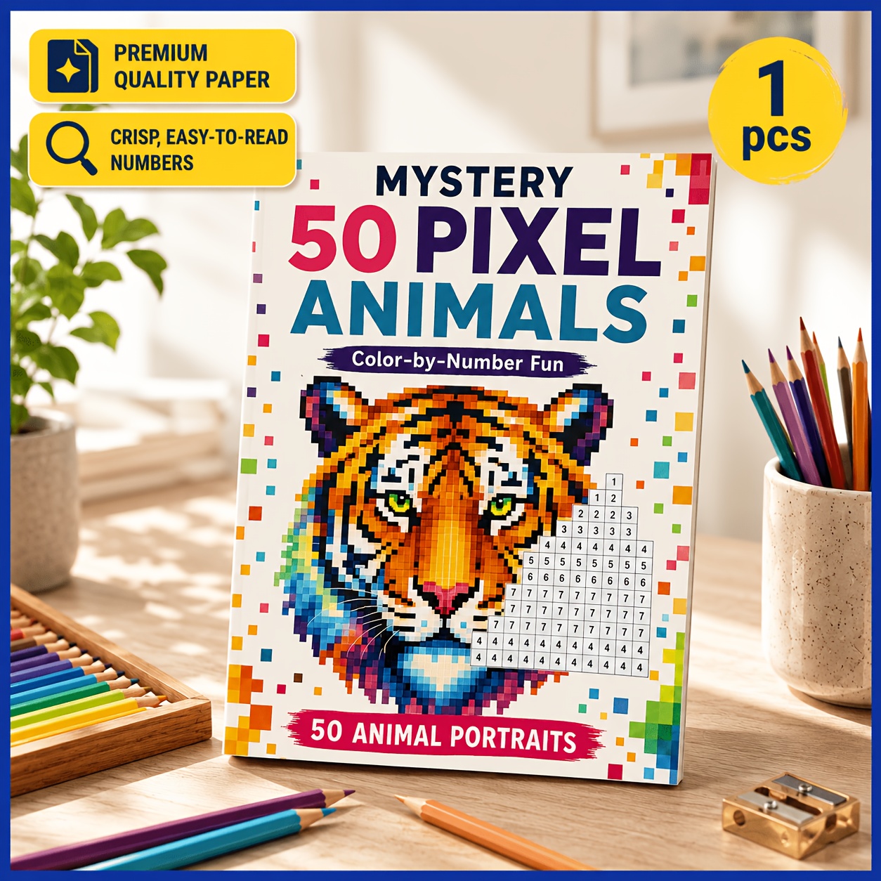 TEMU 50 Mystery Color By For Adults, 104 Pages, A4 Large Size, Premium Heavyweight Paper, Printing, Animal Mosaic Coloring Book, Pixel Art Puzzle,