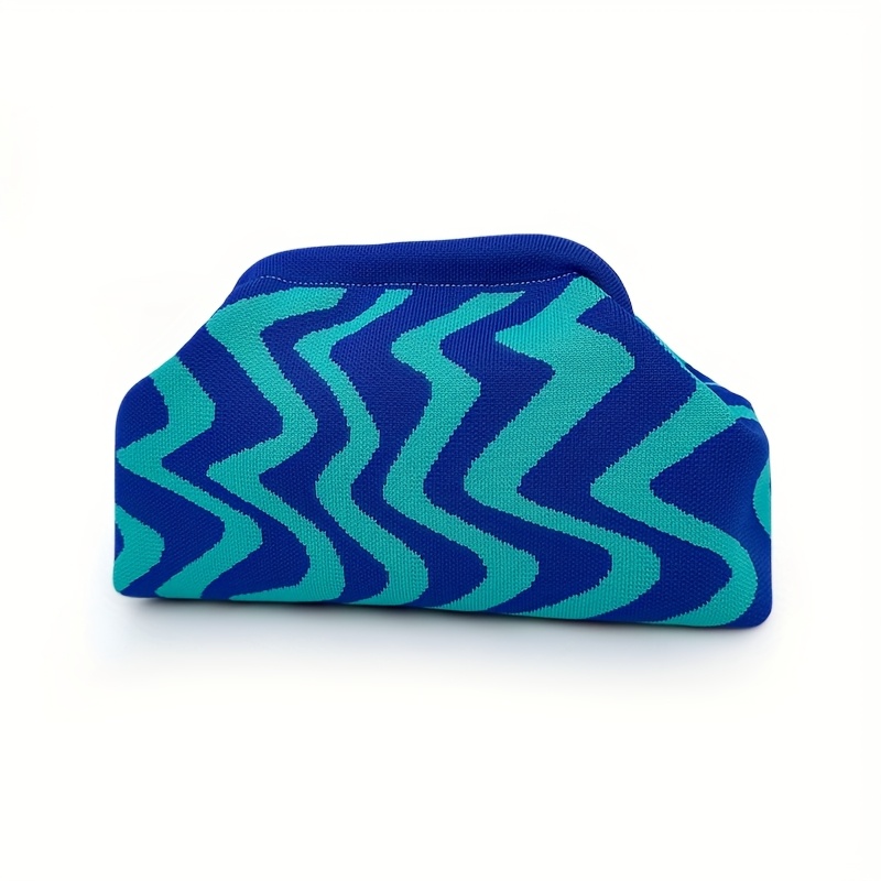 TEMU [women's Handbag] Travel-themed Knitted Clutch Bag, Fashionable Makeup Bag, Striped Large-capacity Daily Versatile Color-blocking Clip Bag,
