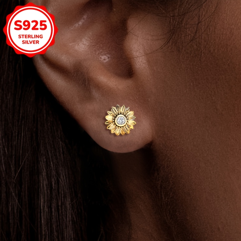 925 Silver Sunflower Earrings, Lightweight Zirconia Studded for Parties