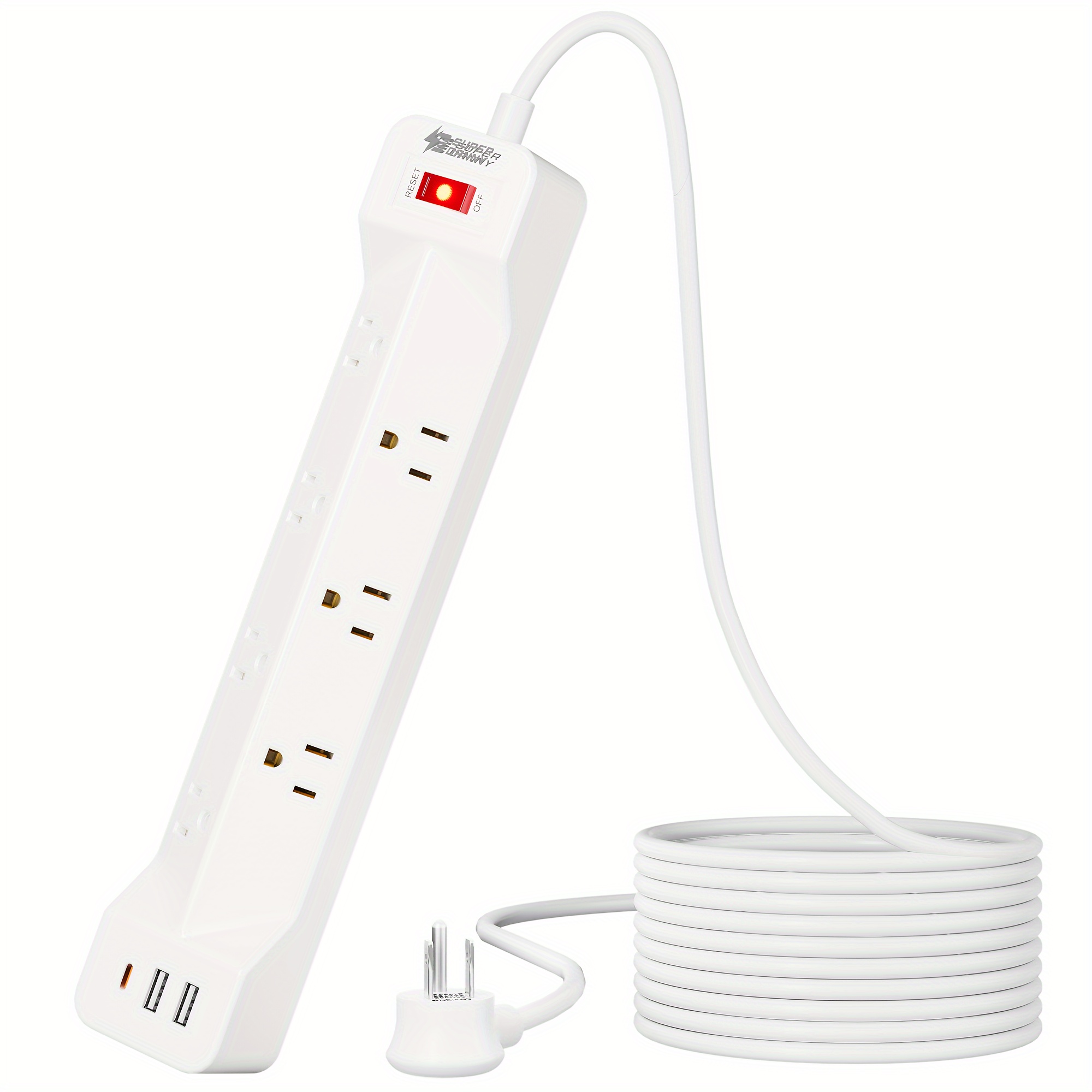 

16.5 Ft Power Strip Protector Flat Plug With Usb, Superdanny 7 Wide Spaced Outlets 3 Usb Ports Mountable Extension Cord Charging Station, Overload Protection For Home Office Hotel Dorm, White