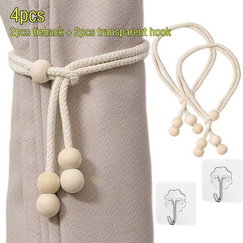 TEMU 4pcs Set (2 Curtain Tiebacks   2 Clear Hooks) Wooden Bead Curtain Tiebacks - High-density Woven Rope, Resistant To And Pilling, Smooth Wooden