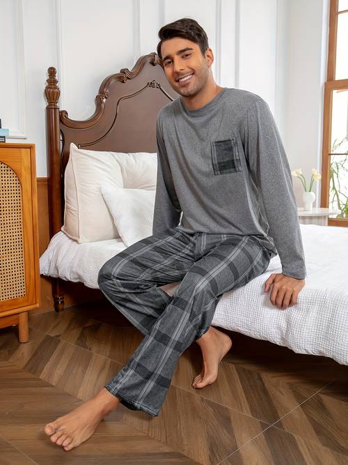 mens crew neck gray long sleeved top with pocket pants pullover pajamas homewear set outside or at home