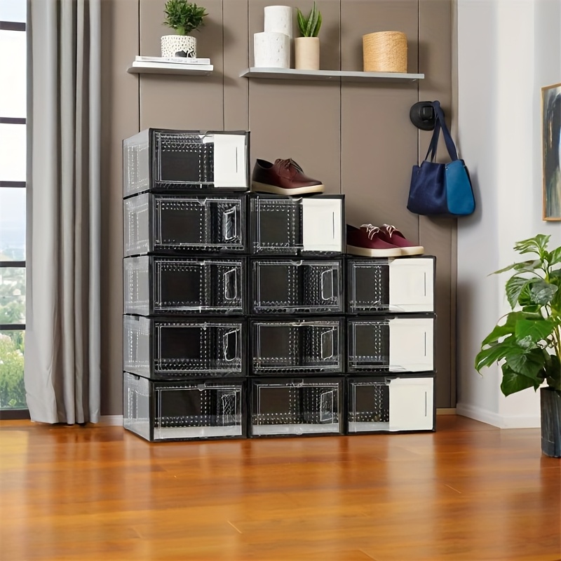 TEMU 12pcs Clear Plastic Shoe Storage Boxes With Lids - Modular Stackable Space-saving Organizers, Large Capacity Sneaker Display Boxes For Closet &